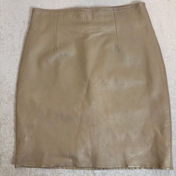 Vintage Cache Tan Genuine Leather Short Skirt Sz 8 - Picture 1 of 7